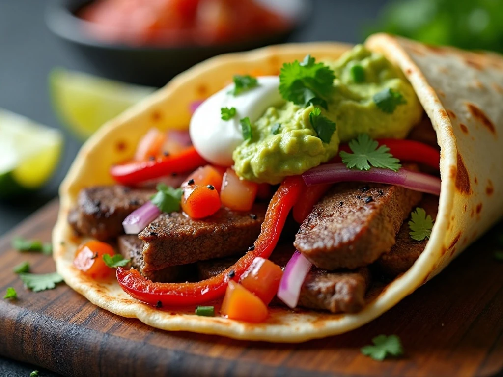 Beef fajita topped with cilantro, lime, guacamole, peppers, and pico de gallo