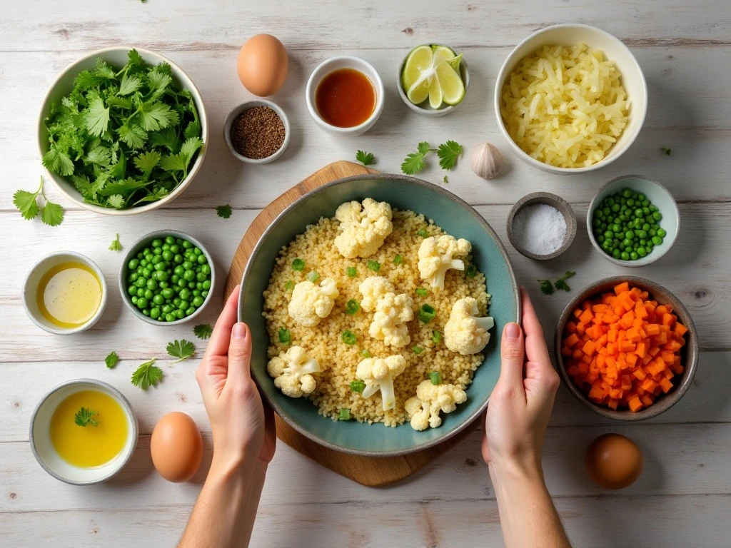 Ingredients for cilantro lime cauliflower fried rice arranged on a counter