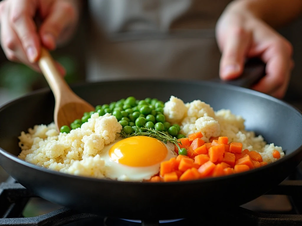 Cauliflower fried rice cooking in a wide skillet with vegetables and egg
