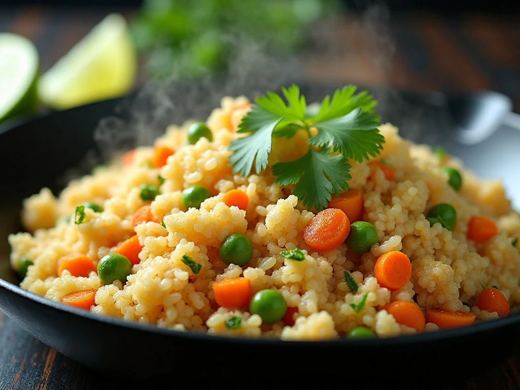 Fresh cilantro and lime finishing cauliflower fried rice for bright flavor