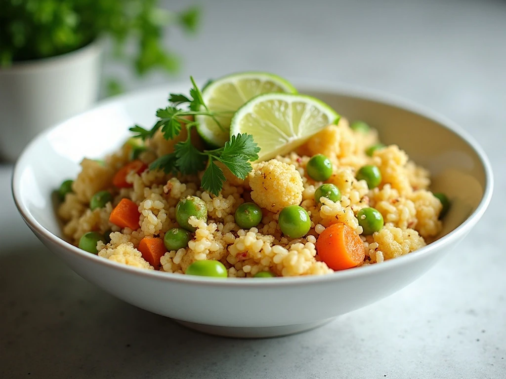 Plated cilantro lime cauliflower fried rice with cilantro, green onion, and lime