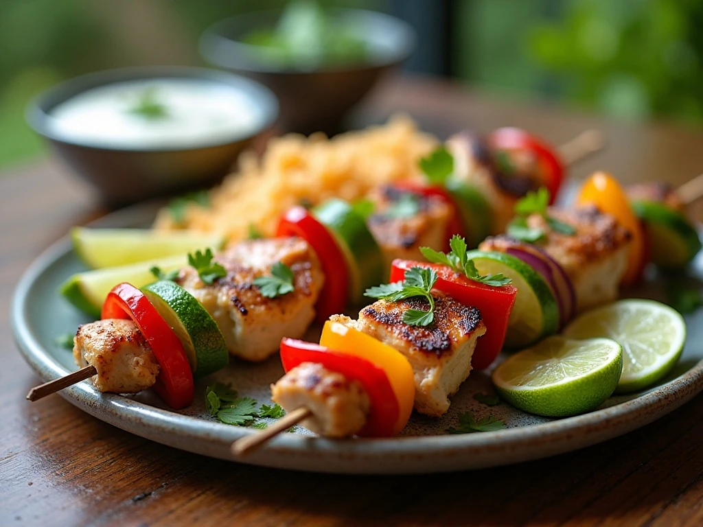 Cilantro lime chicken kebabs served with rice, vegetables, lime, and yogurt sauce