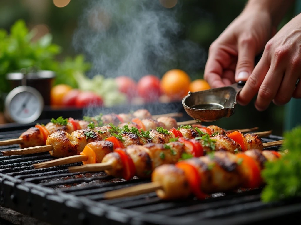 Chicken kebabs grilling with browned edges and colorful vegetables