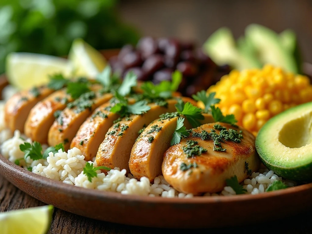 Sliced cilantro lime chicken served with rice, beans, avocado, and lime wedges