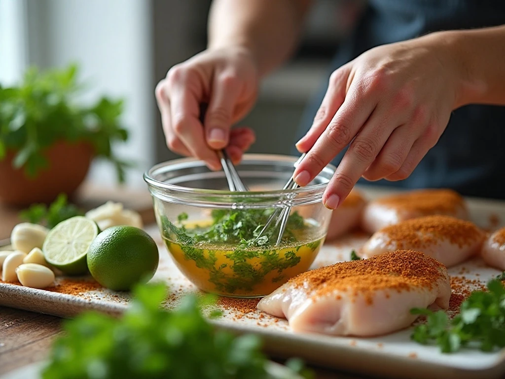 Preparing cilantro lime marinade for chicken