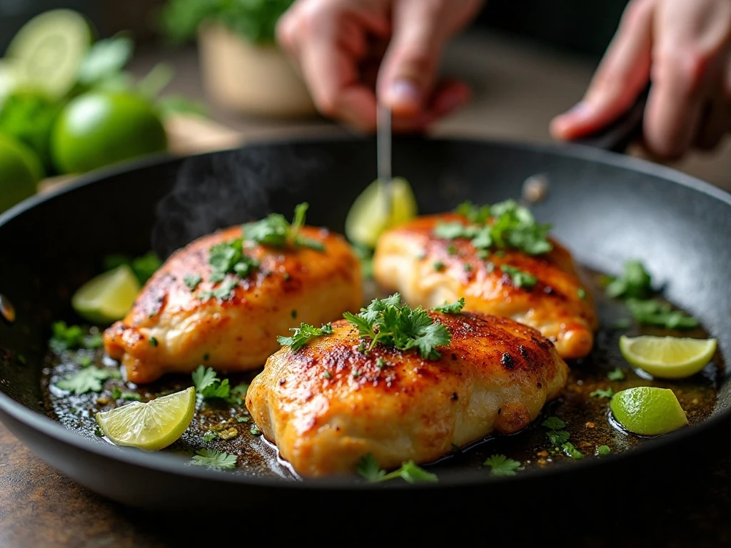 Cilantro lime chicken cooking in a skillet