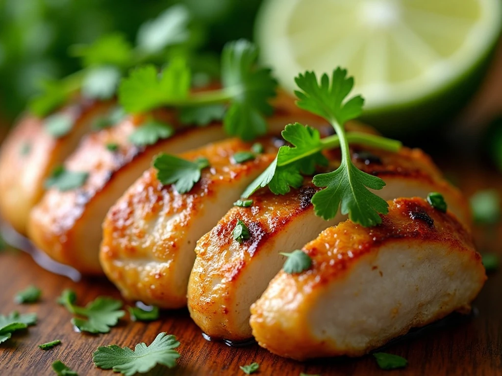 Cilantro and lime garnishing cooked chicken