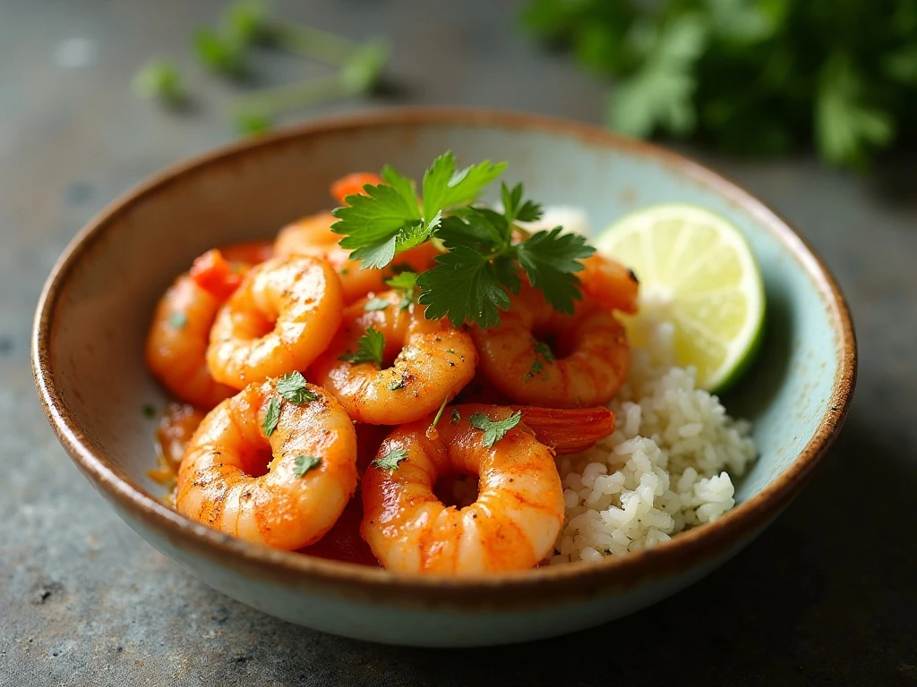 Cilantro lime shrimp served with rice and lime wedges