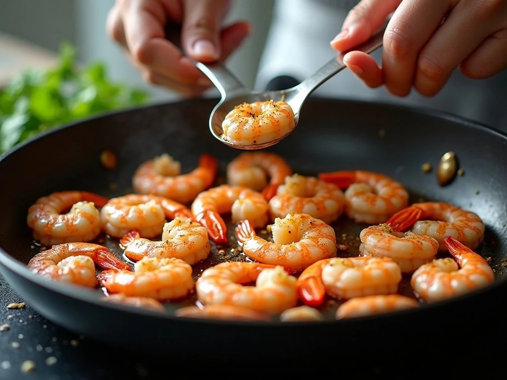 Seasoned shrimp cooking in a hot skillet