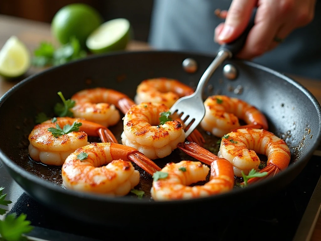 Shrimp searing until tender and opaque