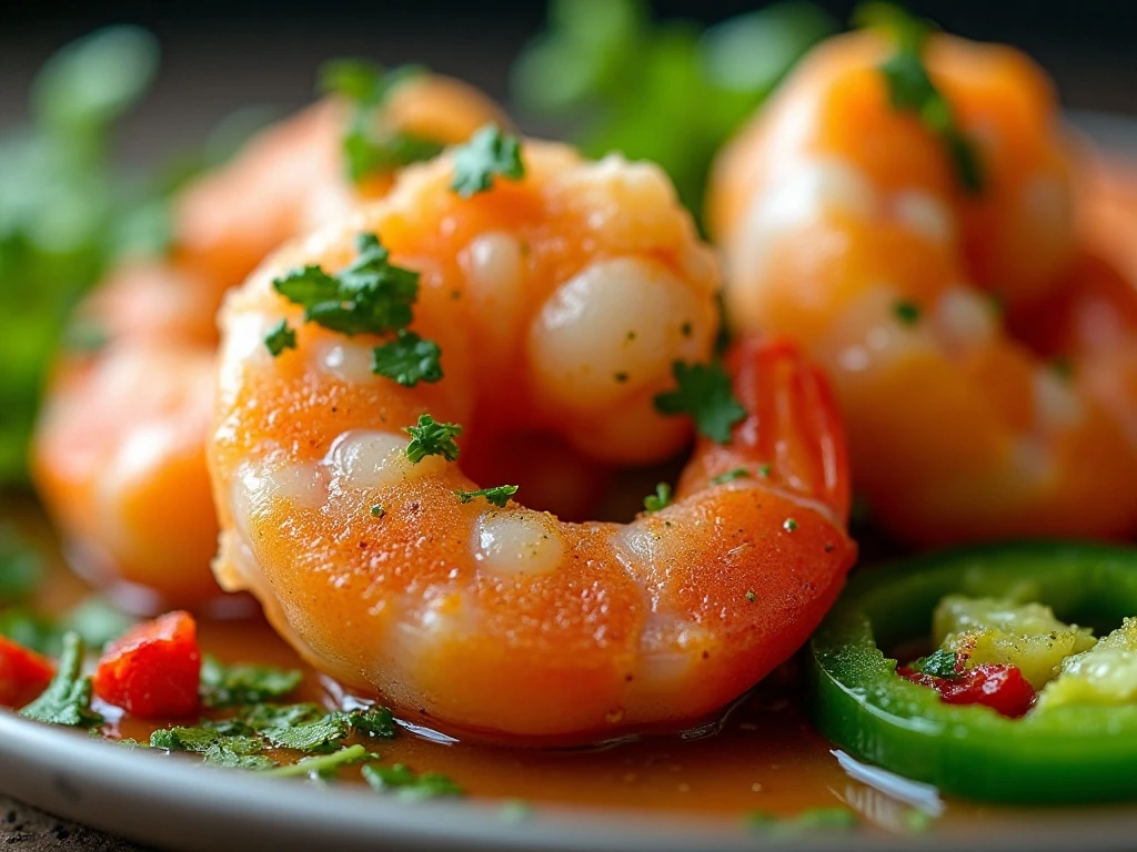 Cilantro lime shrimp with lime, cilantro, and jalapeno garnish