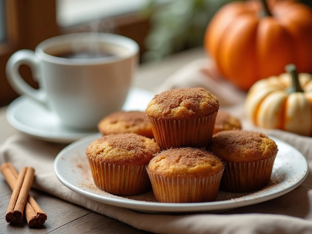 Cinnamon sugar mini pumpkin muffins served for a cozy fall breakfast