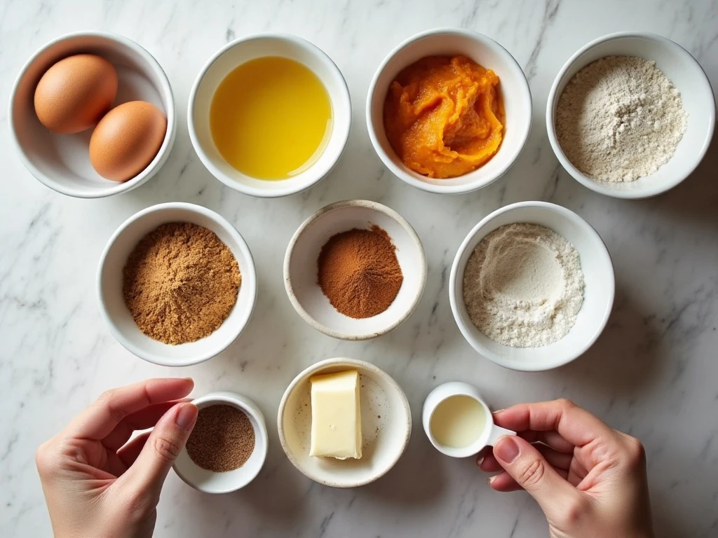 Ingredients for cinnamon sugar mini pumpkin muffins arranged on a counter