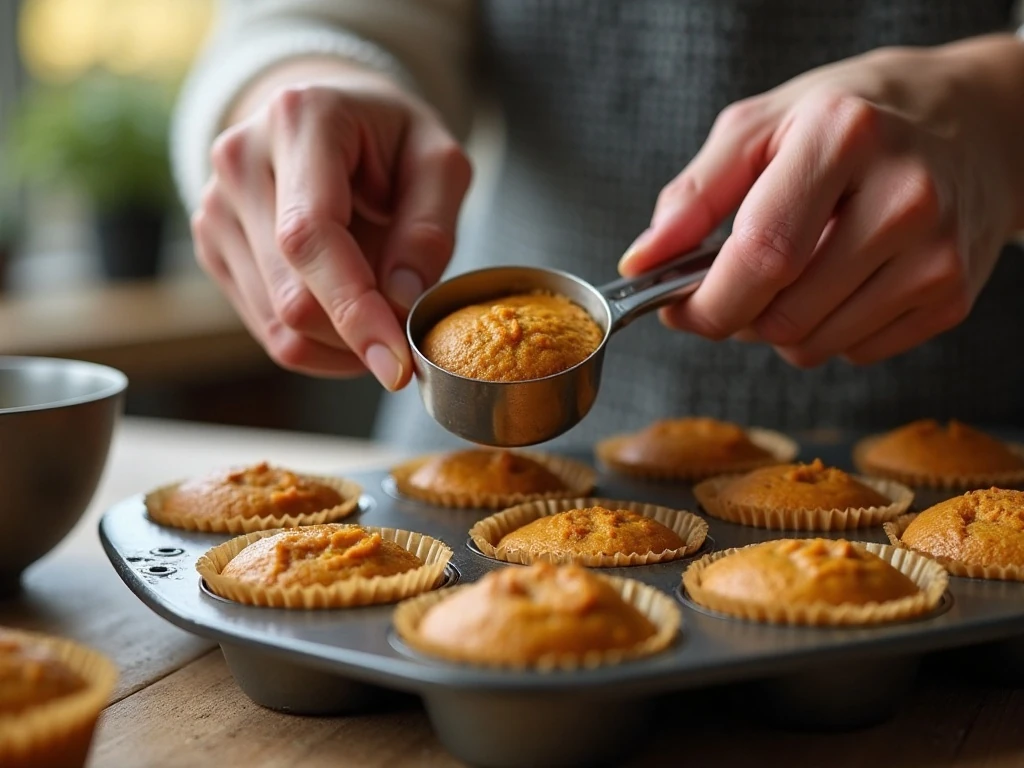 Portioning pumpkin muffin batter into a mini-muffin pan