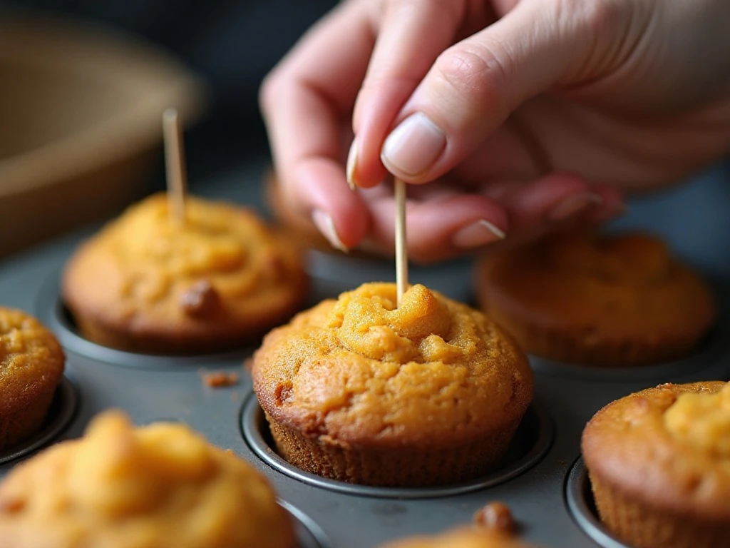 Testing freshly baked mini pumpkin muffins for doneness