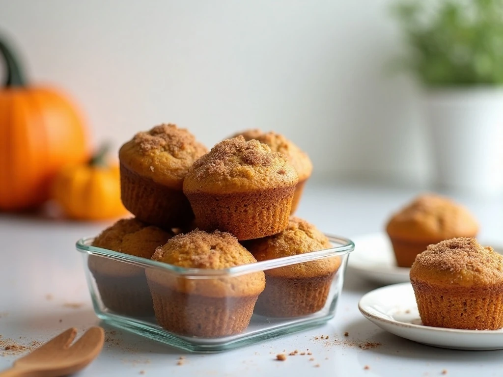 Stored cinnamon sugar mini pumpkin muffins ready for breakfast