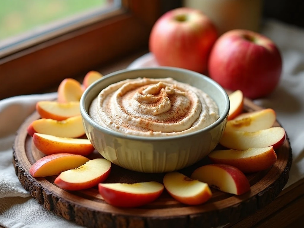 Creamy cinnamon apple dip surrounded by crisp apple slices