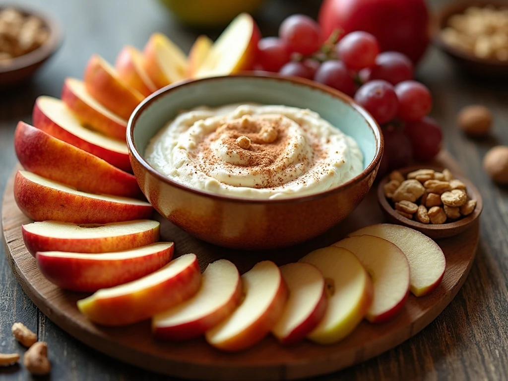 Party platter with cinnamon apple dip and fresh fruit