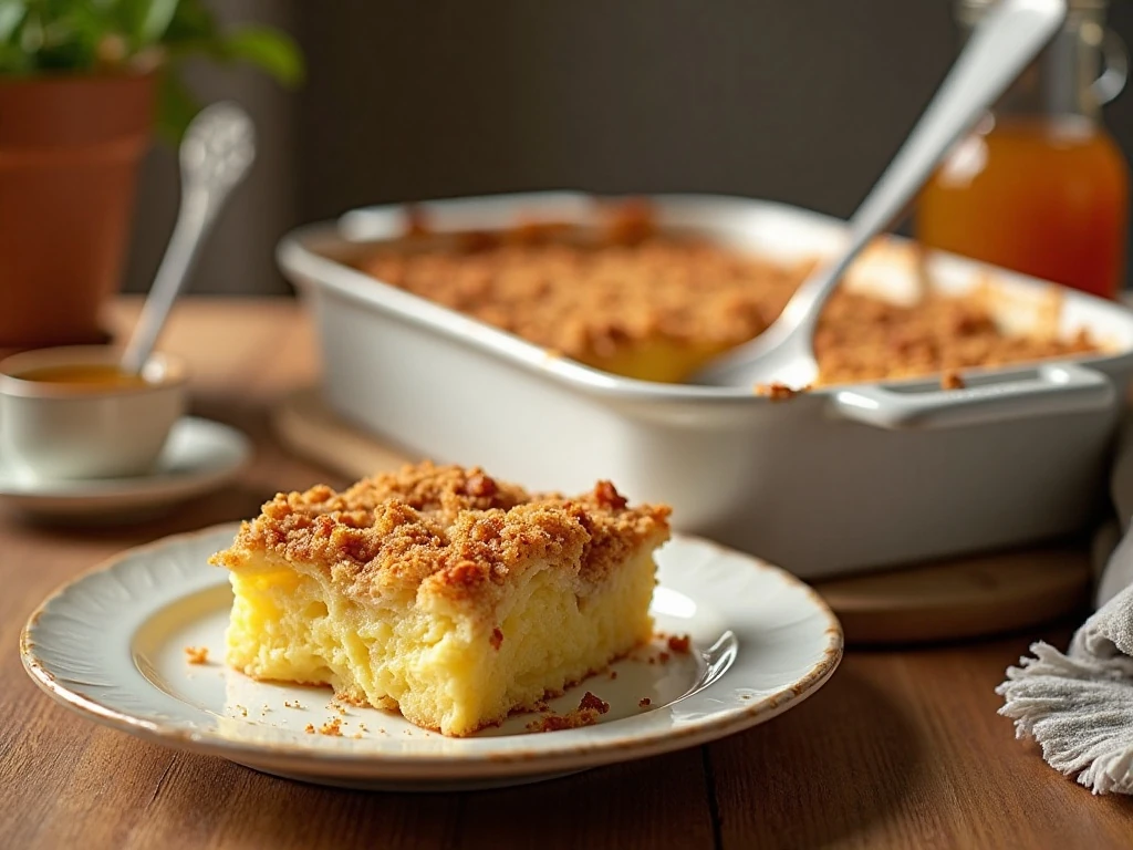 Golden cinnamon breakfast casserole served warm with maple syrup