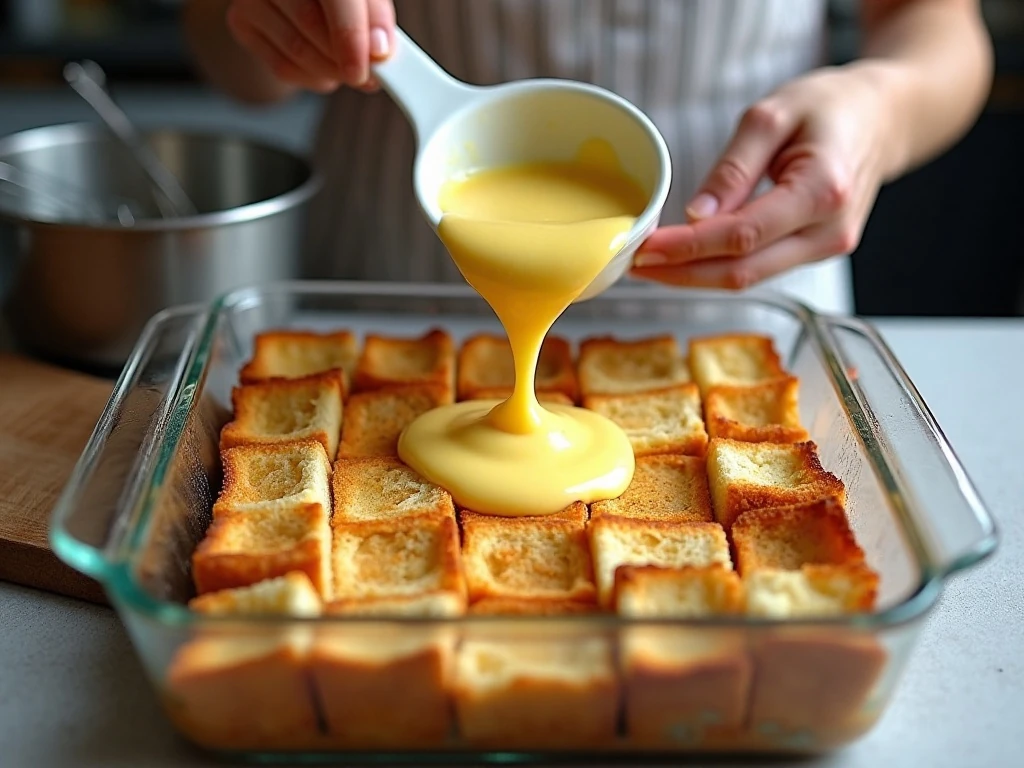 Pouring cinnamon custard over bread cubes for breakfast casserole