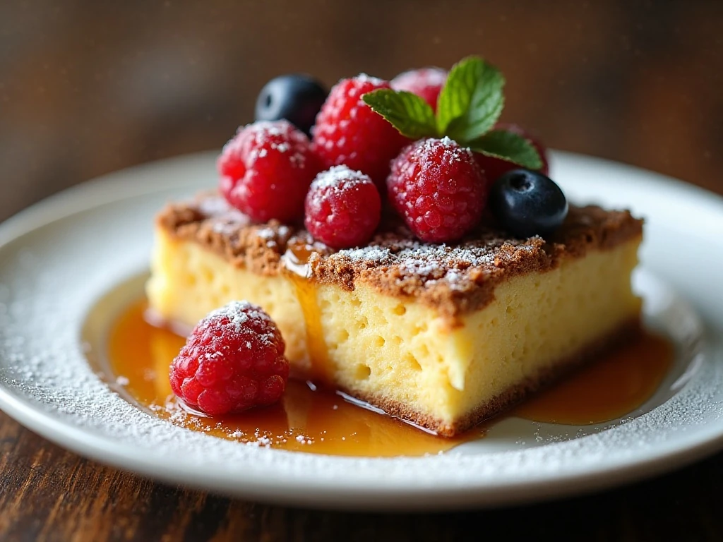 Close-up slice of cinnamon breakfast casserole with berries and powdered sugar