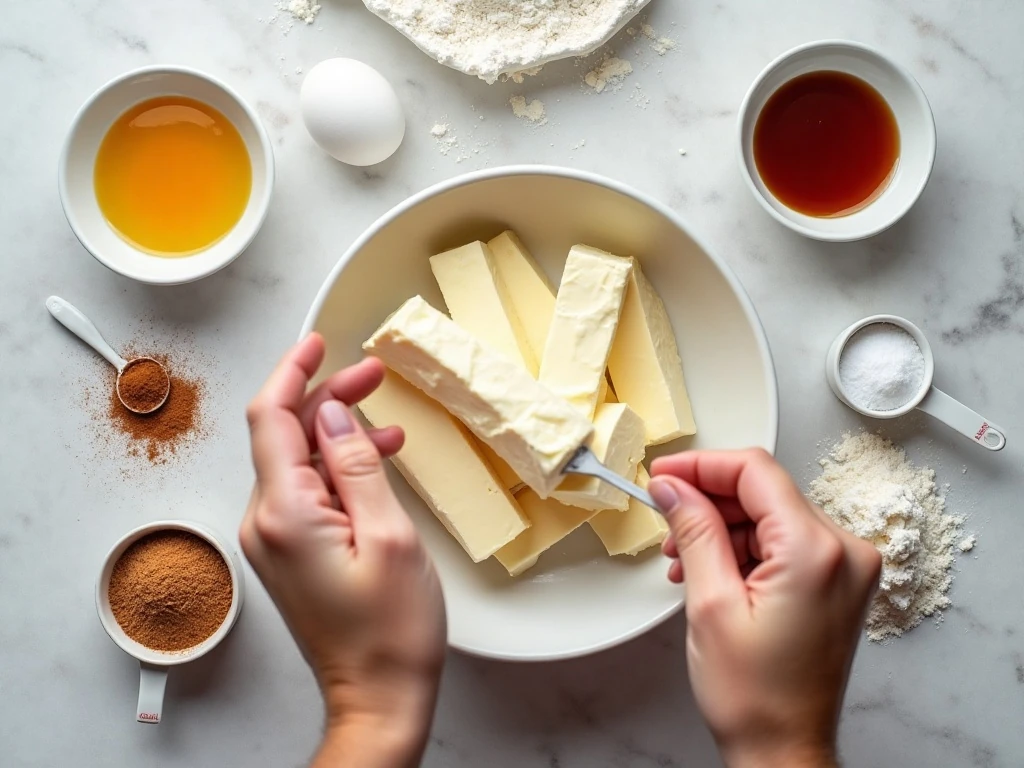 Ingredients for cinnamon cream cheese cookies arranged in a flat lay