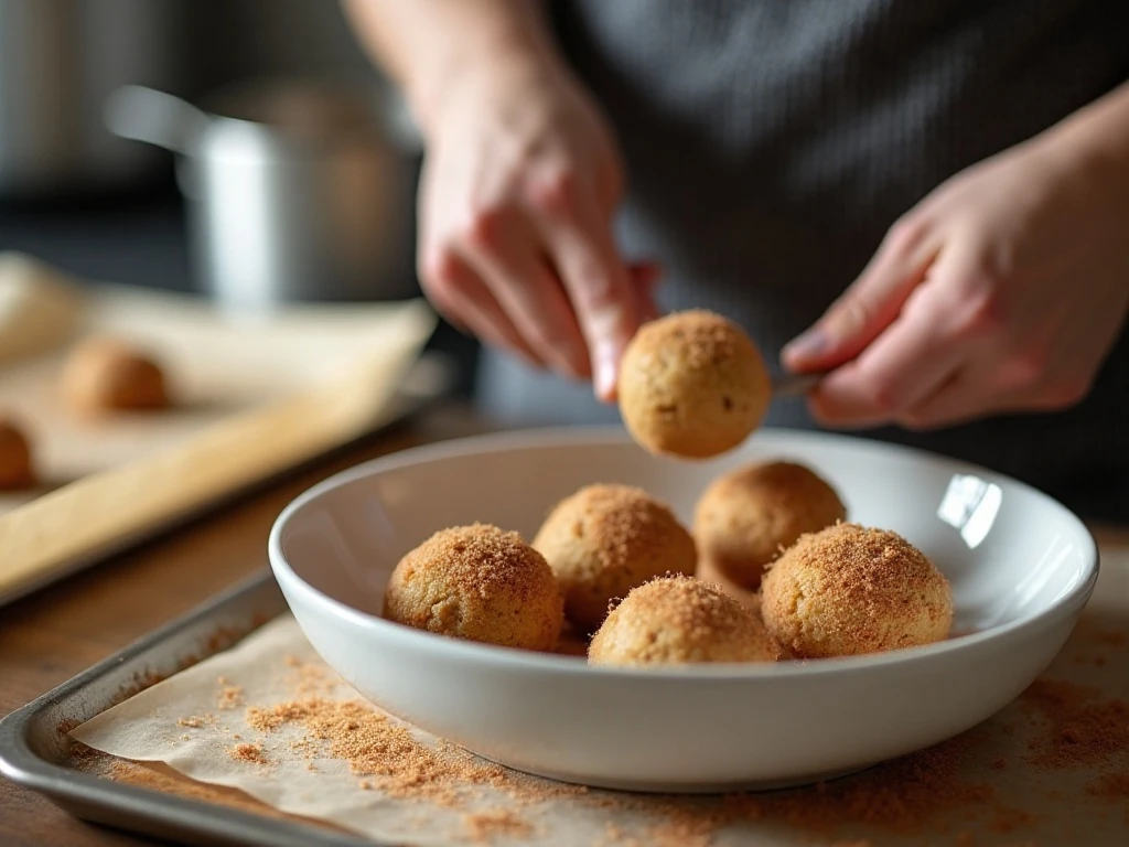 Rolling cinnamon cream cheese cookie dough in cinnamon sugar