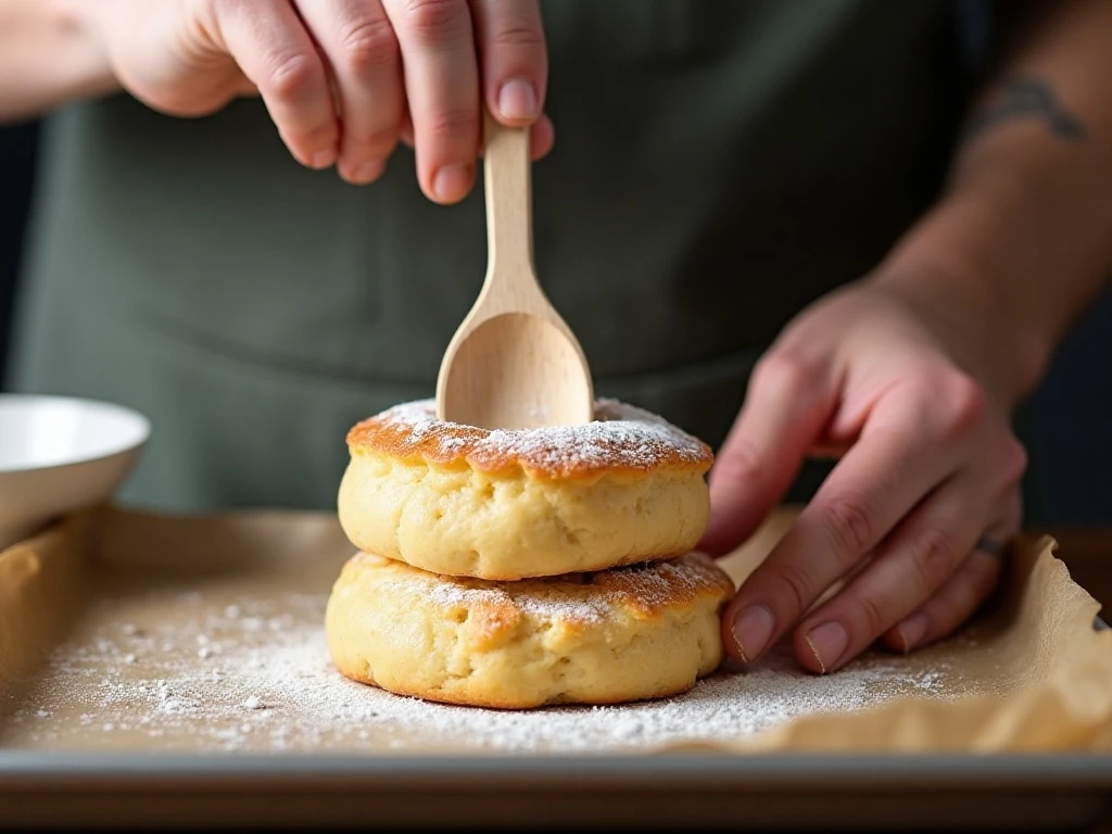 Pressing the center of stacked dough rounds to shape a cottage loaf