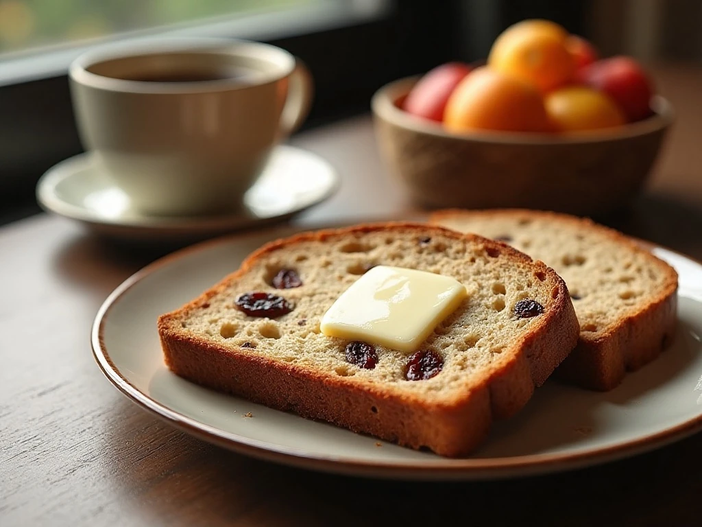 Buttered slices of cinnamon raisin breakfast cottage loaf