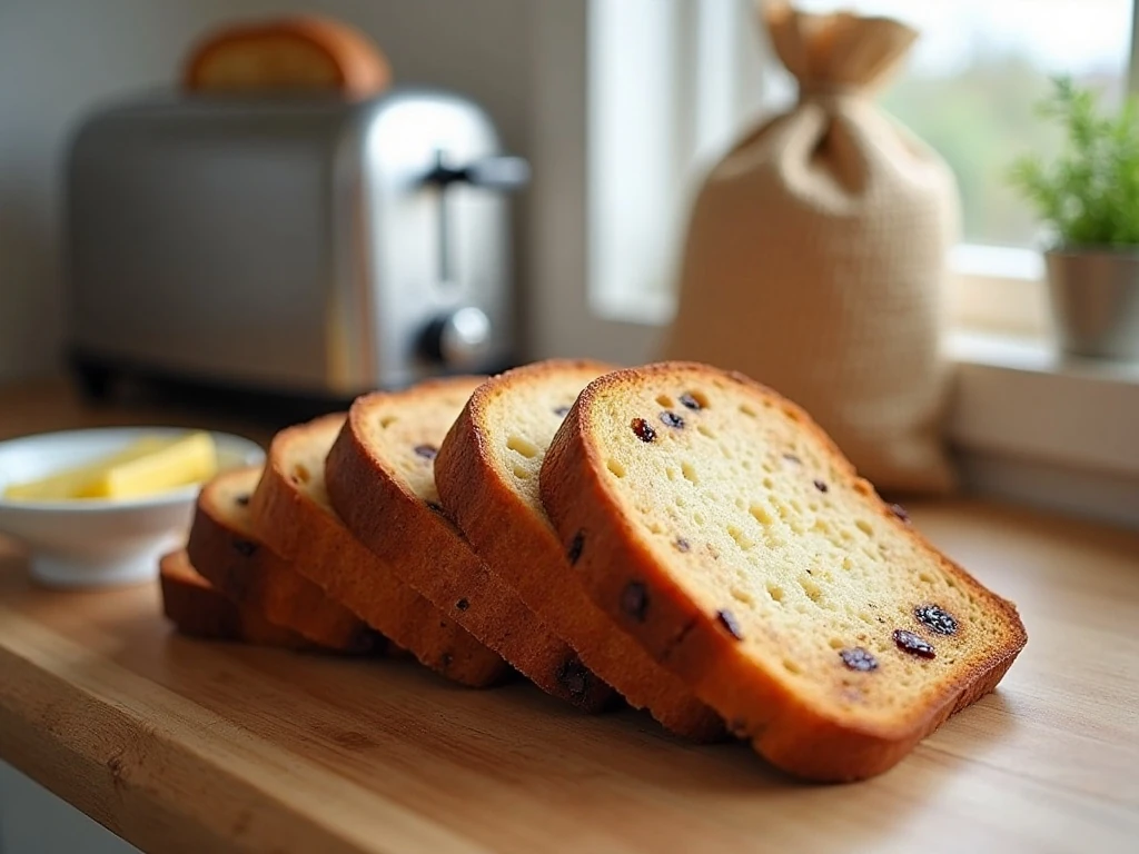 Toasted cinnamon raisin cottage loaf slices ready for breakfast