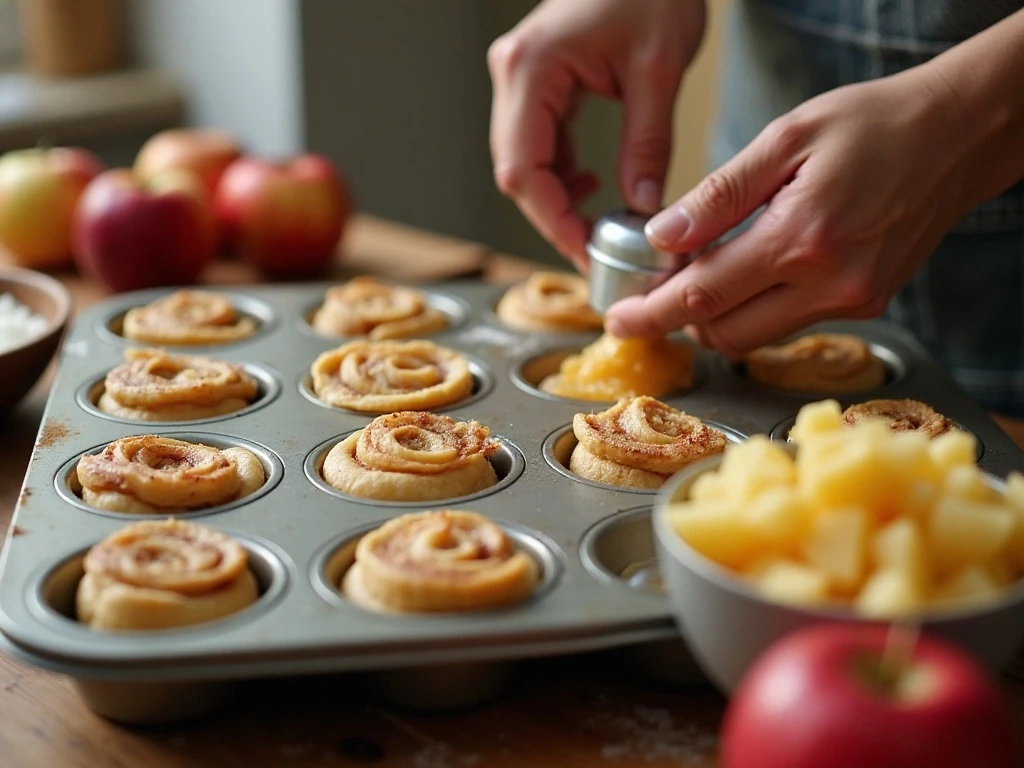 Flattened cinnamon roll dough pressed into muffin cups for apple pie cups
