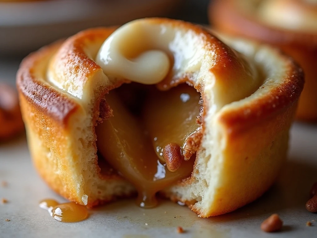 Close-up of apple filling inside a cinnamon roll pie cup with icing and caramel