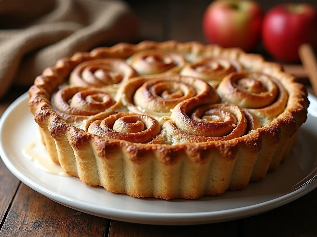 Golden cinnamon roll apple pie with a sweet icing drizzle