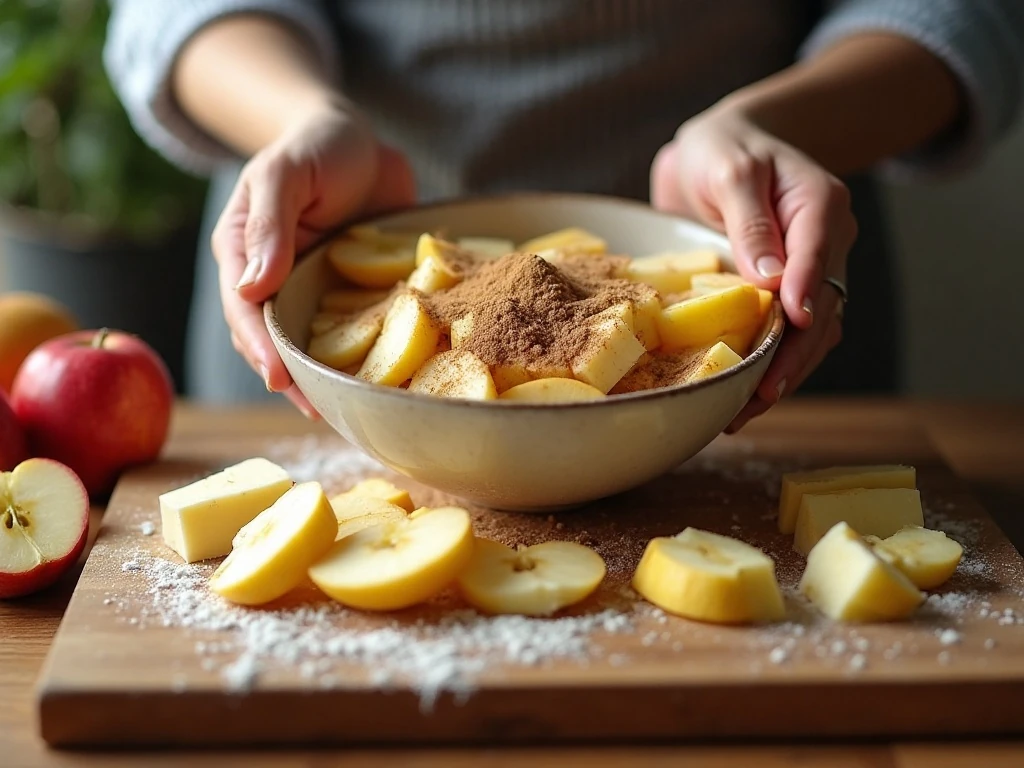 Thinly sliced apples tossed with spices for pie filling