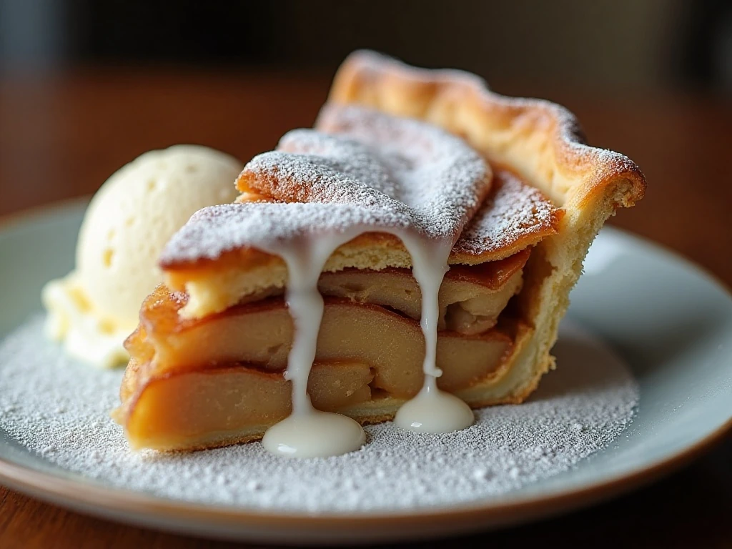 Slice of cinnamon roll apple pie served with vanilla ice cream