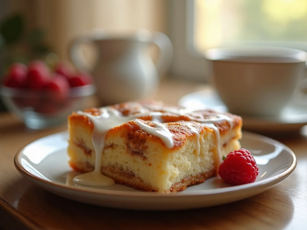 Warm slice of easy cinnamon roll casserole served for breakfast