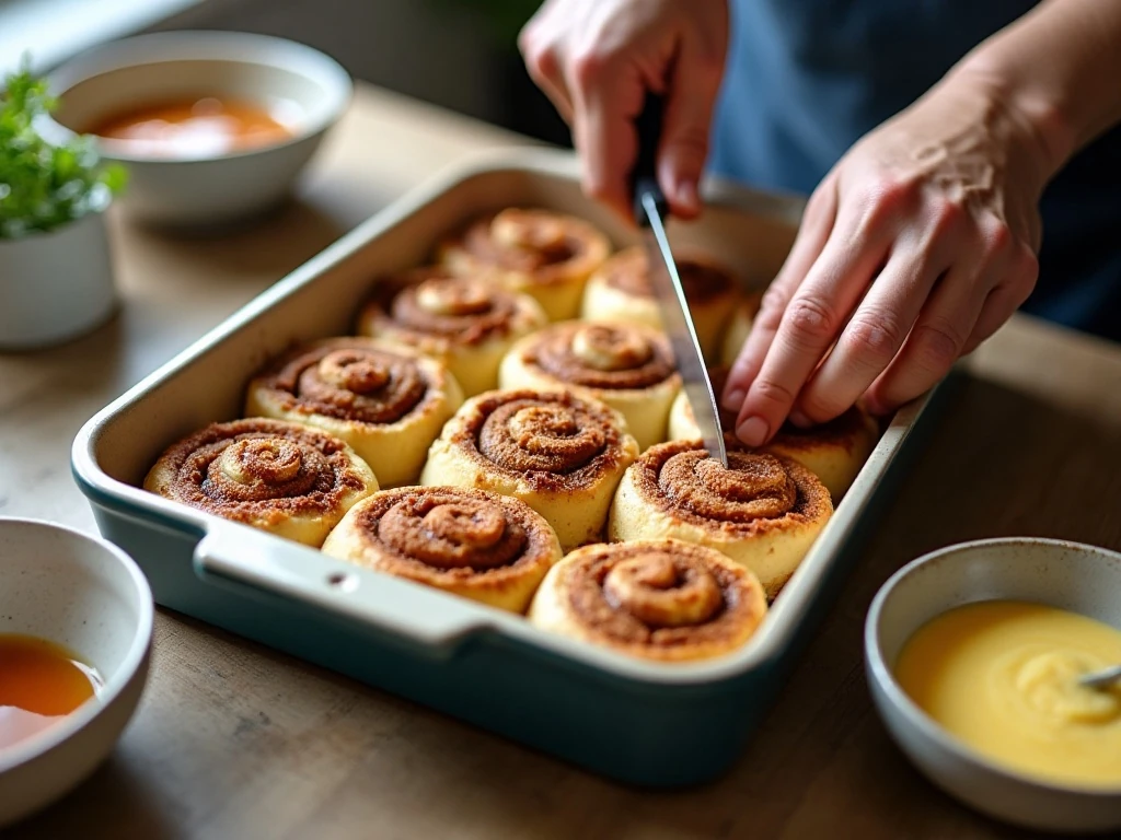 Preparing cinnamon roll pieces and custard for the casserole