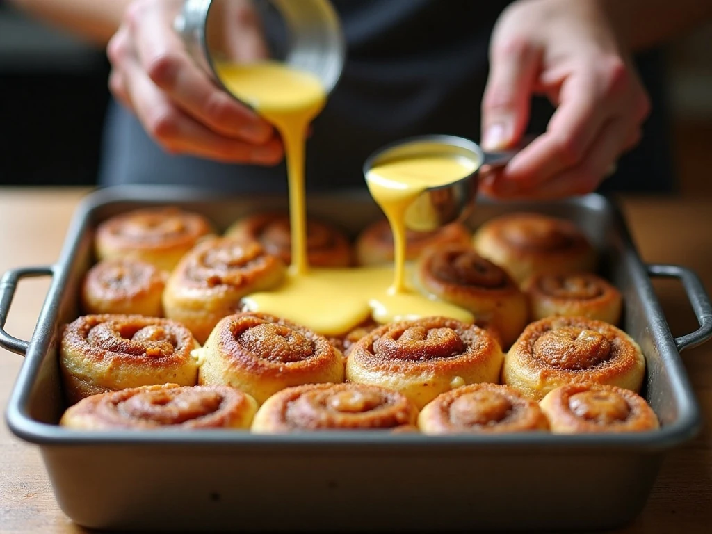 Pouring custard evenly over cinnamon roll pieces