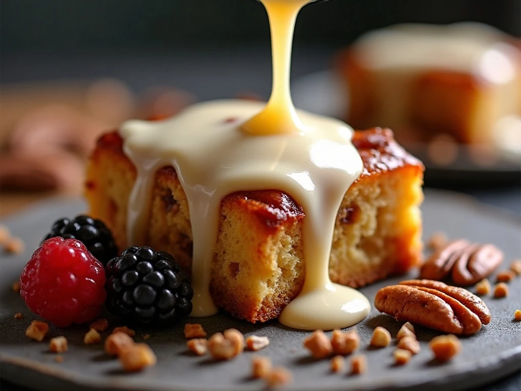 Icing drizzled over a serving of cinnamon roll casserole