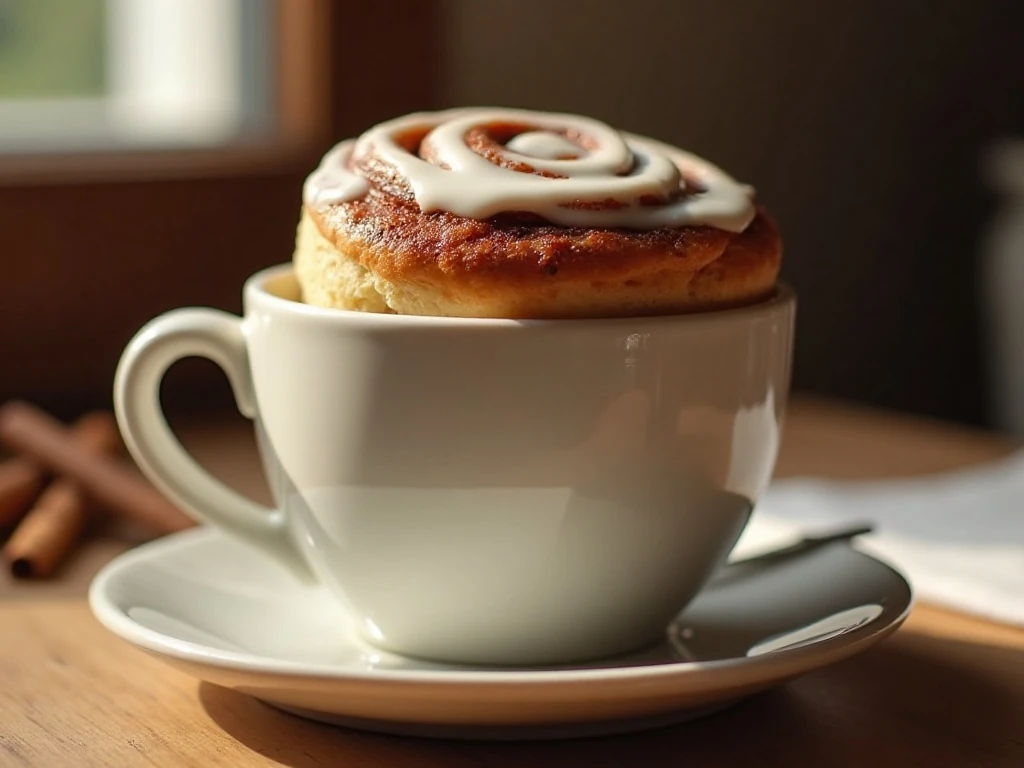 Warm glazed cinnamon roll in a mug served as a single portion