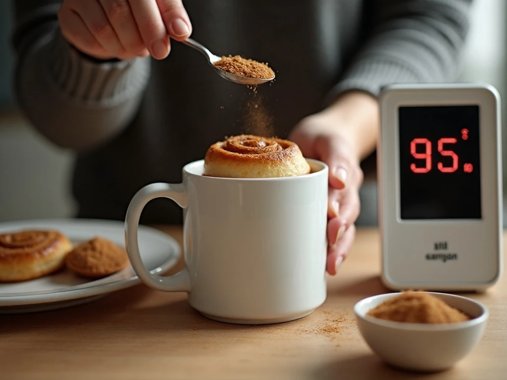 Wide mug and cinnamon roll prepared for even microwave cooking