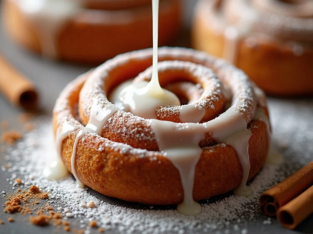 Confectioners’ sugar glaze drizzled over a warm cinnamon roll
