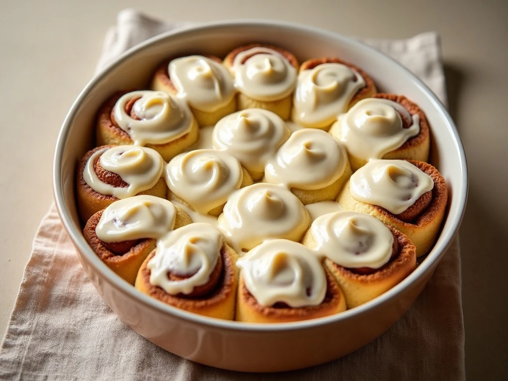 Fresh homemade cinnamon rolls covered with vanilla frosting in a baking dish