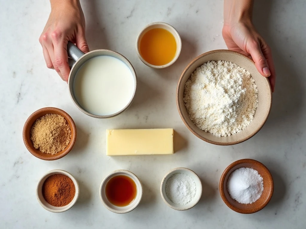 Ingredients for homemade cinnamon rolls with vanilla frosting