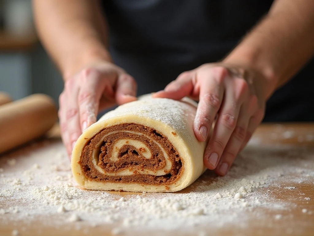 Rolling cinnamon roll dough with brown sugar and cinnamon filling