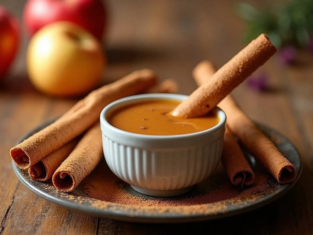 Warm cinnamon sticks arranged around apple dipping sauce