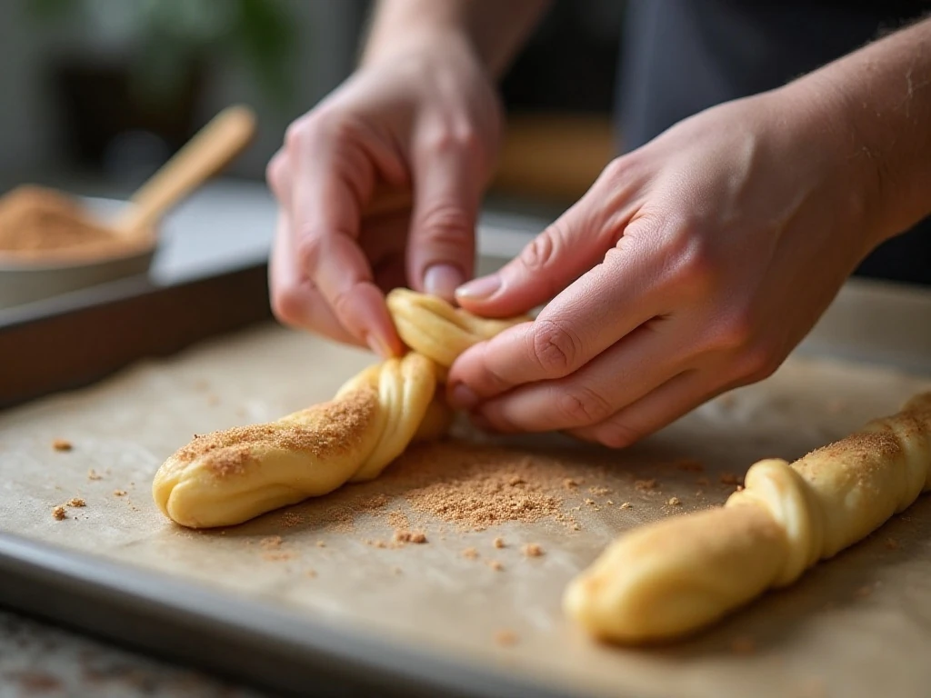 Twisting refrigerated breadstick dough into cinnamon sticks