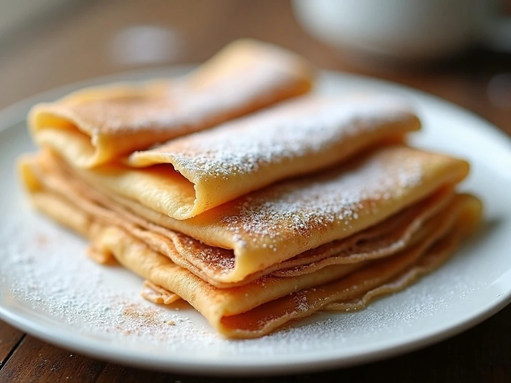 Stack of warm cinnamon sugar dessert crepes served for breakfast