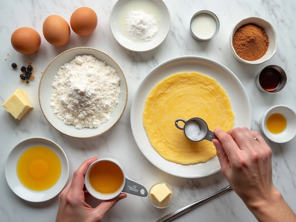 Ingredients for cinnamon sugar dessert crepes arranged on a counter
