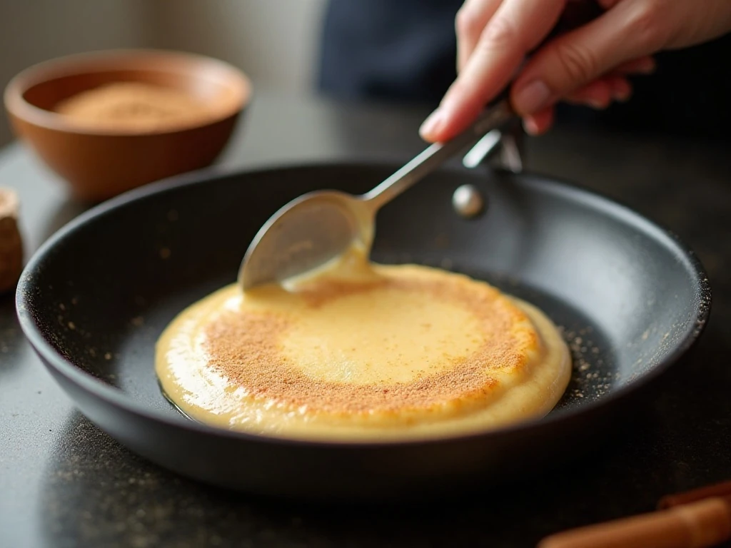 Thin crepe batter being swirled in a skillet